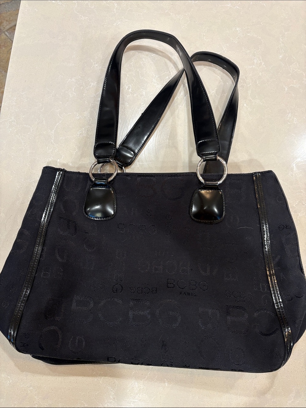 BCBG Paris Black Logo Jacquard Tote with Leather Handles